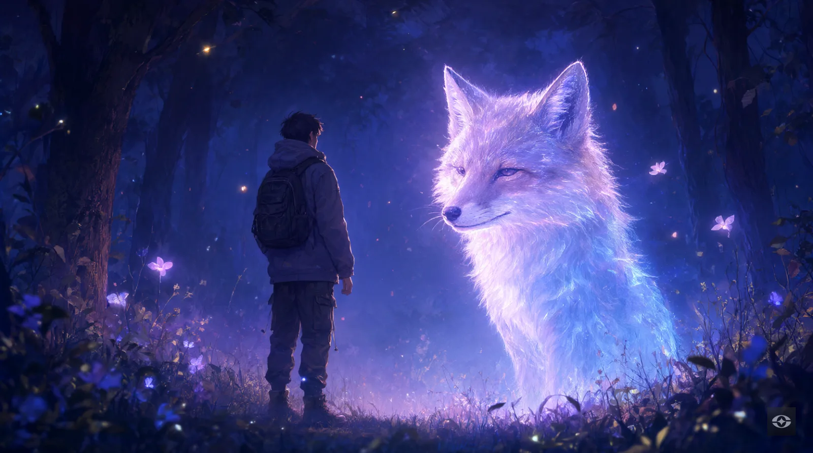 A person in a misty dream forest facing a large fox made of soft light, the two regarding each other calmly