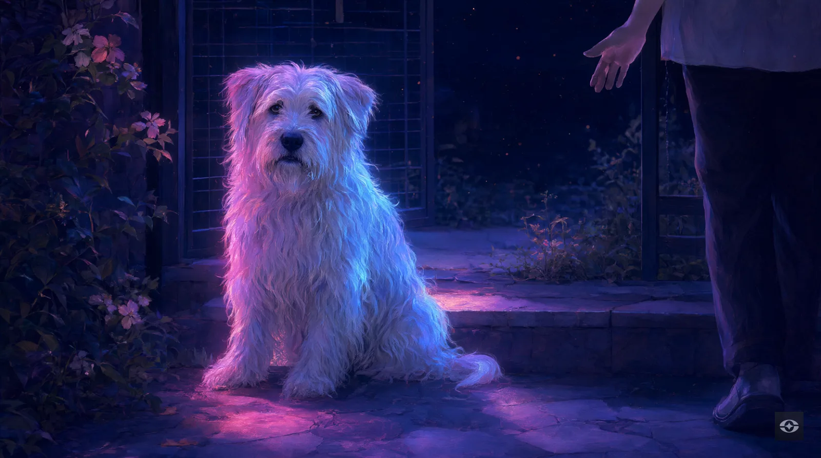 A large calm dog made of moonlight sitting by a garden gate at night, a person approaching with an open hand