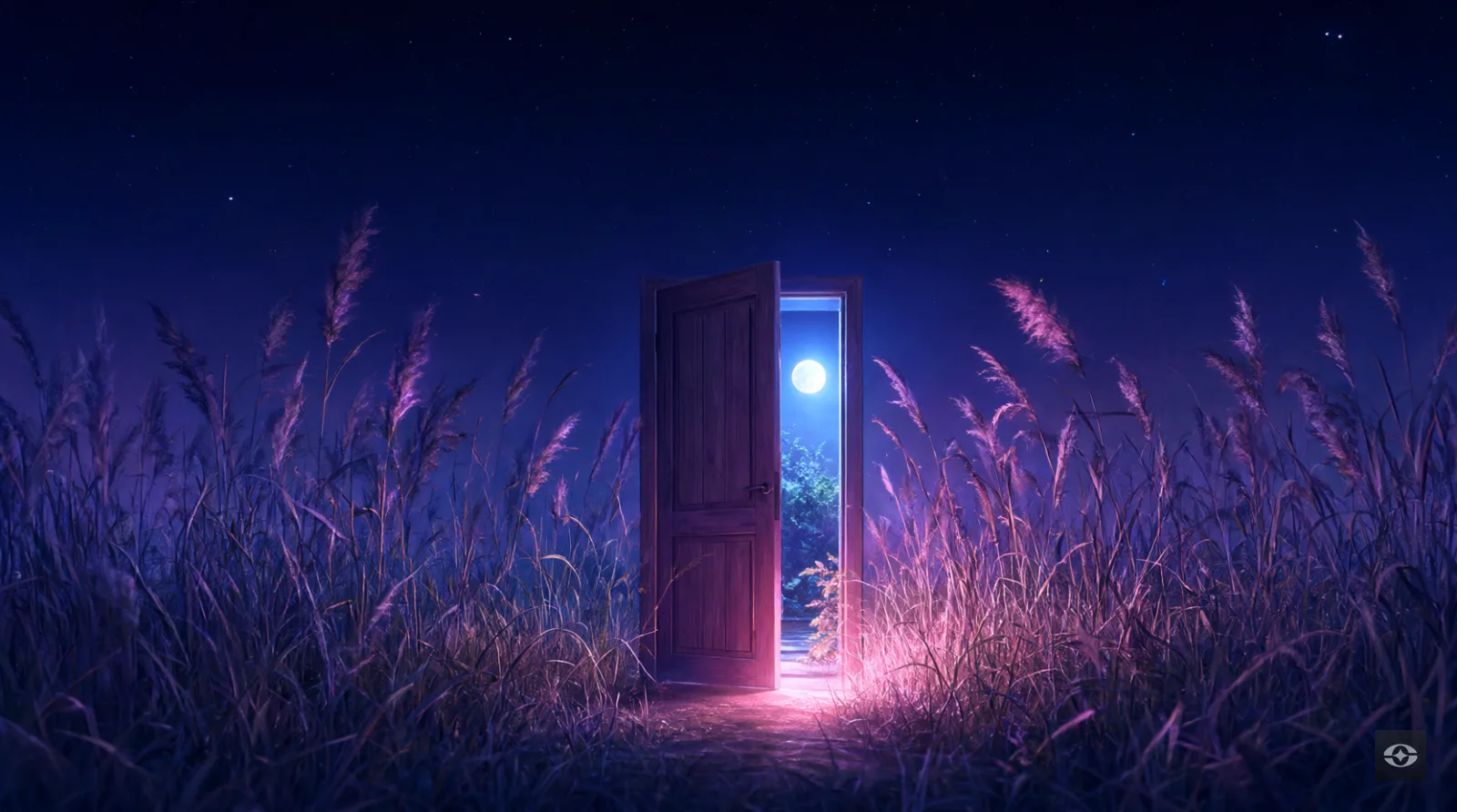 A lone wooden door in tall grass under a starry sky, slightly open, violet light and a moonlit garden spilling through the gap