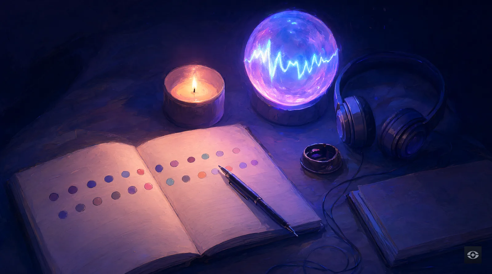 A desk at night with self-reflection tools: an open journal, a mood chart of colored dots, a meditation candle, headphones, and a glowing orb with sound waves