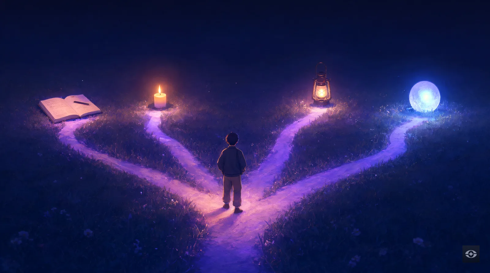 Several glowing paths diverge across a night meadow towards different lights – a notebook, a candle, a lantern, an orb – with a traveler at the crossroads
