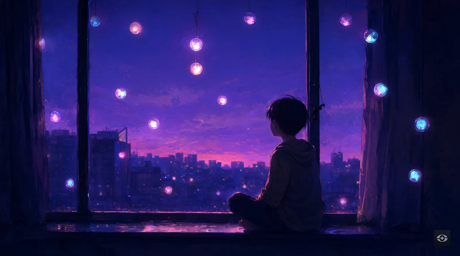 A person sitting on a windowsill at dusk, soft glowing spheres floating around them like quiet questions
