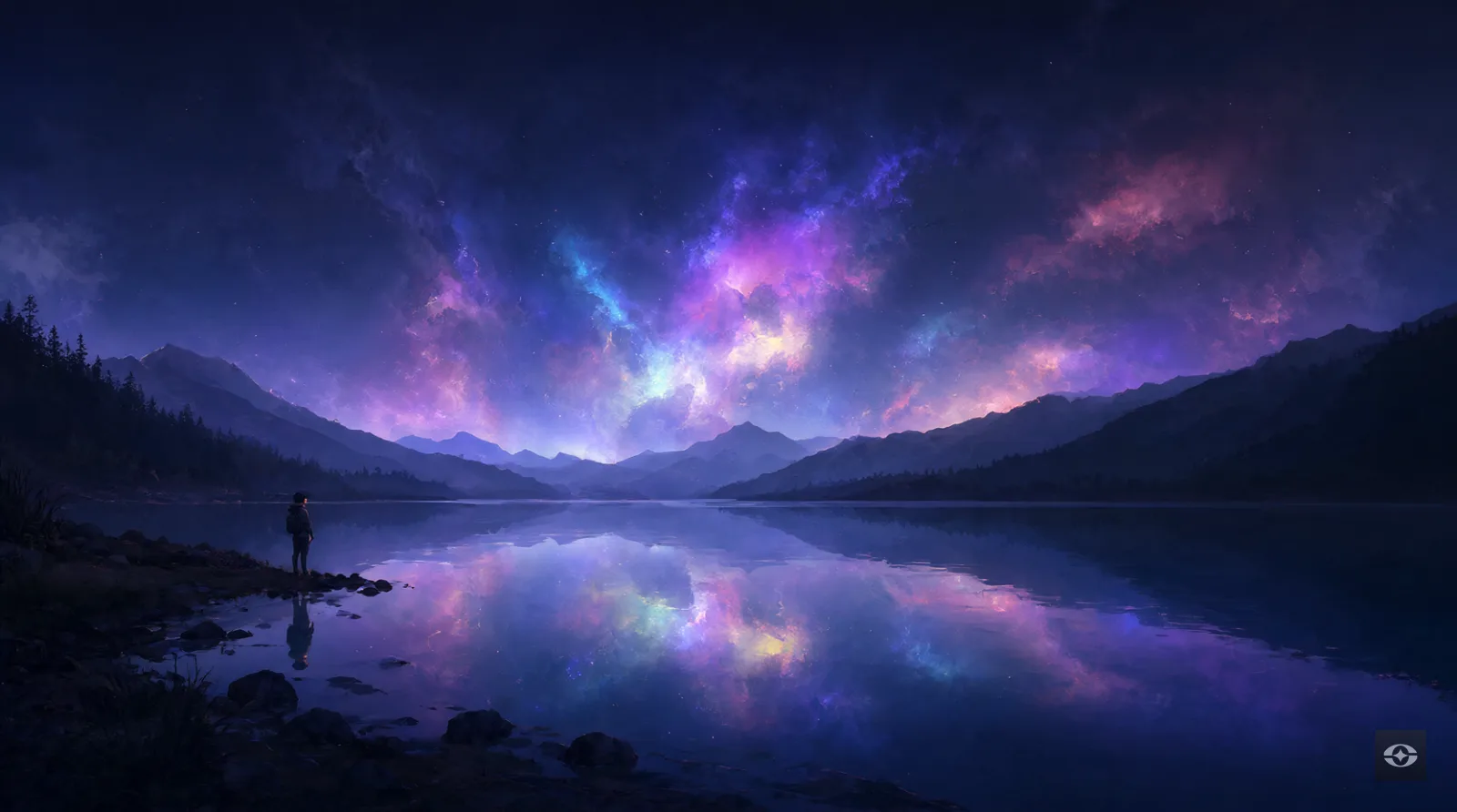 A still mountain lake at night reflecting a different, glowing inner sky full of colorful nebulae; a person stands on the shore