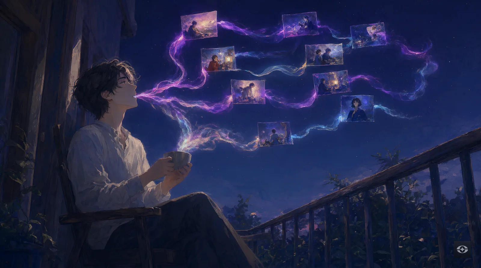 A person speaking softly on a balcony at night as their words turn into glowing ribbons and a small floating picture of a memory