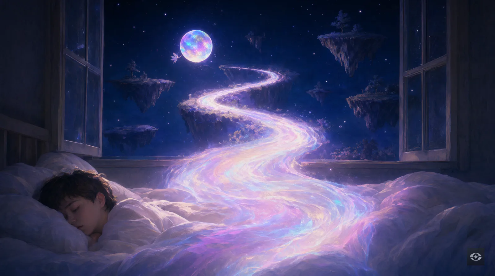 A person sleeping by an open window while a glowing path rises from the blanket into a night sky of floating islands and an iridescent orb