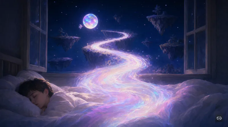 A person sleeping by an open window while a glowing path rises from the blanket into a night sky of floating islands and an iridescent orb