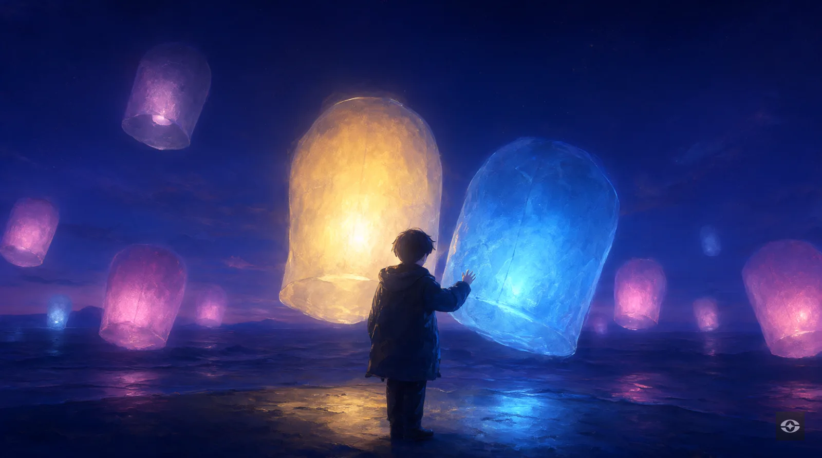 A dreamer in a twilight dream landscape surrounded by glowing shapes of feelings: a warm golden light, a blue ripple, a pink spark