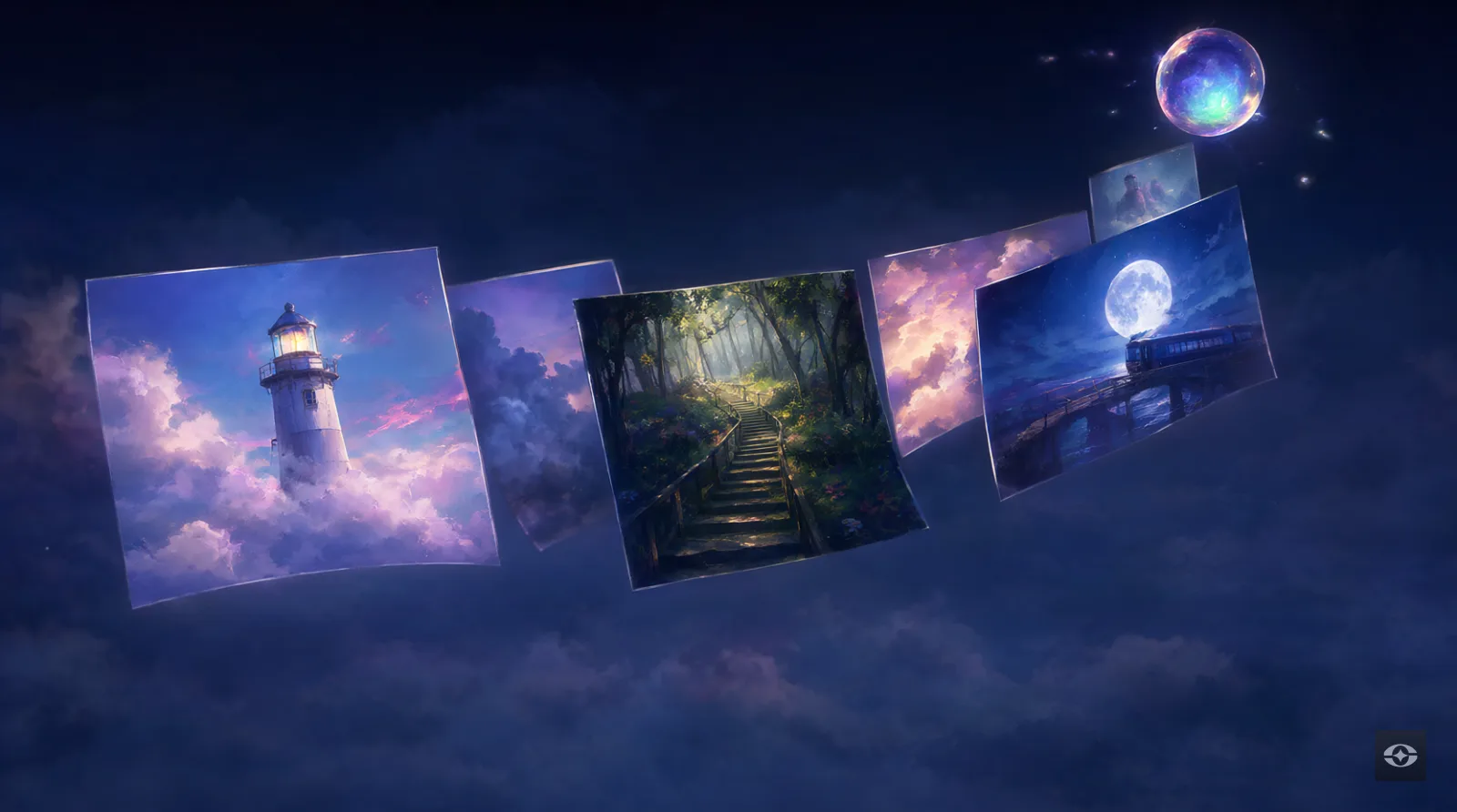 Dream scenes unfold across the night sky like a glowing film strip coming out of a small iridescent orb